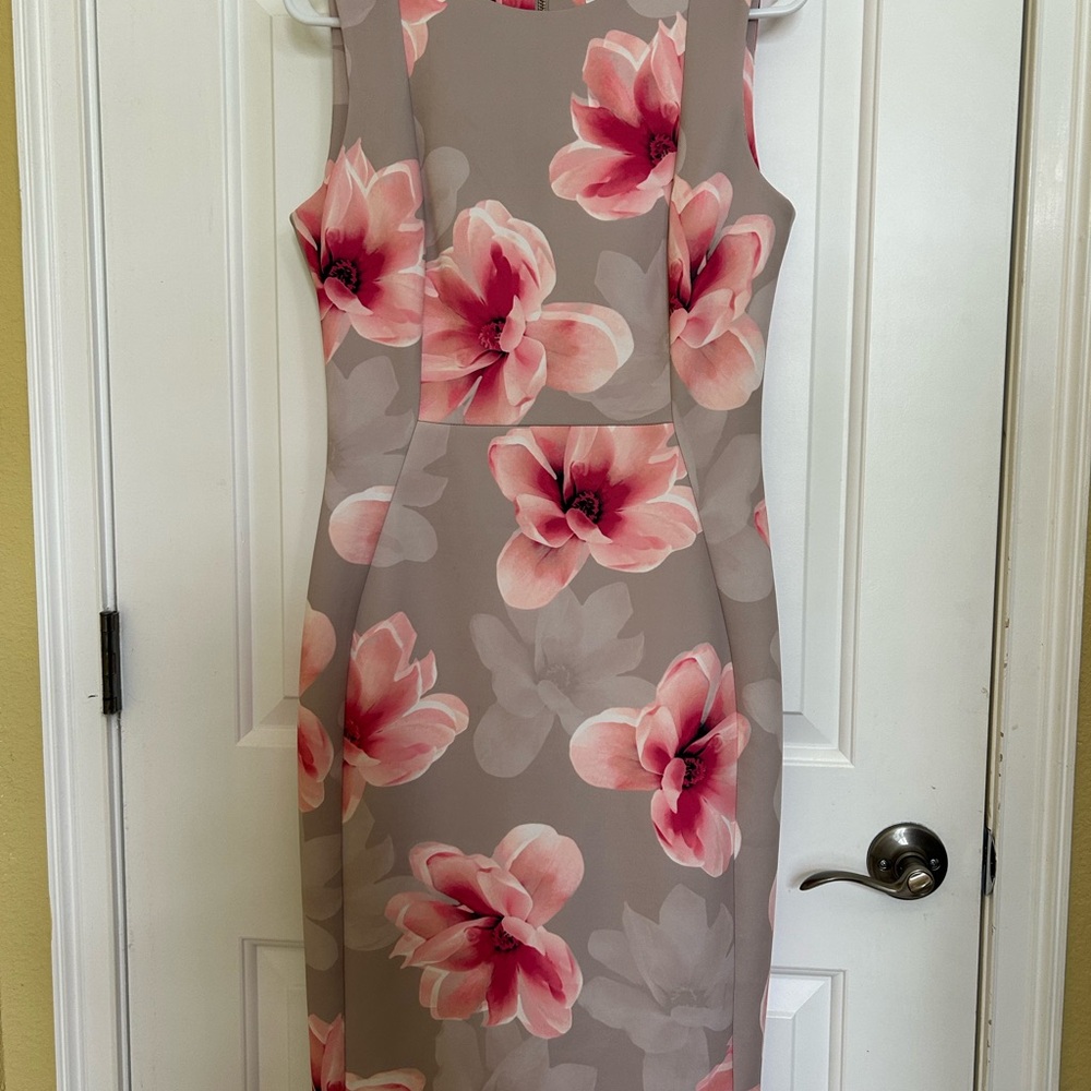 Calvin Klein Pink and Gray Floral Midi Dress